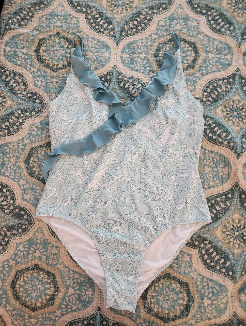 Flirty Makin Waves Light Blue Ocean Wave Print Ruffle One-Piece Swimsuit